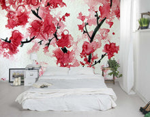 Load image into Gallery viewer, This beautiful red floral wallpaper mural of a cherry blossoms is sure to add a delicate pop to your interior. This abstract aquarelle is bright and muted all at the same time. A perfect choice for a bedroom.