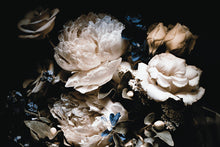 Load image into Gallery viewer, Blue floral wallpaper mural of a beautiful bouquet of roses and peonies set on a black background. This mural will give personality and elegance to any room in your interior.