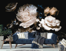Load image into Gallery viewer, Blue floral wallpaper mural of a beautiful bouquet of roses and peonies set on a black background. This mural will give personality and elegance to any room in your interior.