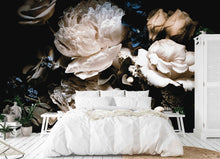 Load image into Gallery viewer, Blue floral wallpaper mural of a beautiful bouquet of roses and peonies set on a black background. This mural will give personality and elegance to any room in your interior.