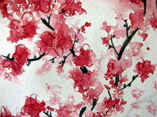 Load image into Gallery viewer, This beautiful red floral wallpaper mural of a cherry blossoms is sure to add a delicate pop to your interior. This abstract aquarelle is bright and muted all at the same time. A perfect choice for a bedroom.