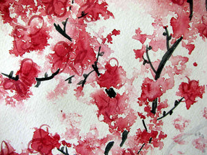 This beautiful red floral wallpaper mural of a cherry blossoms is sure to add a delicate pop to your interior. This abstract aquarelle is bright and muted all at the same time. A perfect choice for a bedroom.