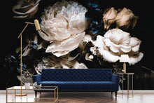 Load image into Gallery viewer, Blue floral wallpaper mural of a beautiful bouquet of roses and peonies set on a black background. This mural will give personality and elegance to any room in your interior.