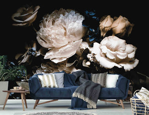 Blue floral wallpaper mural of a beautiful bouquet of roses and peonies set on a black background. This mural will give personality and elegance to any room in your interior.